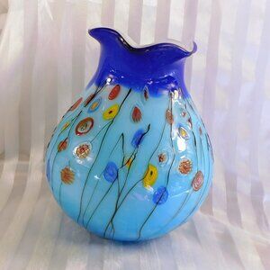 Large Blue Art Glass Millefiori Vase # 26788